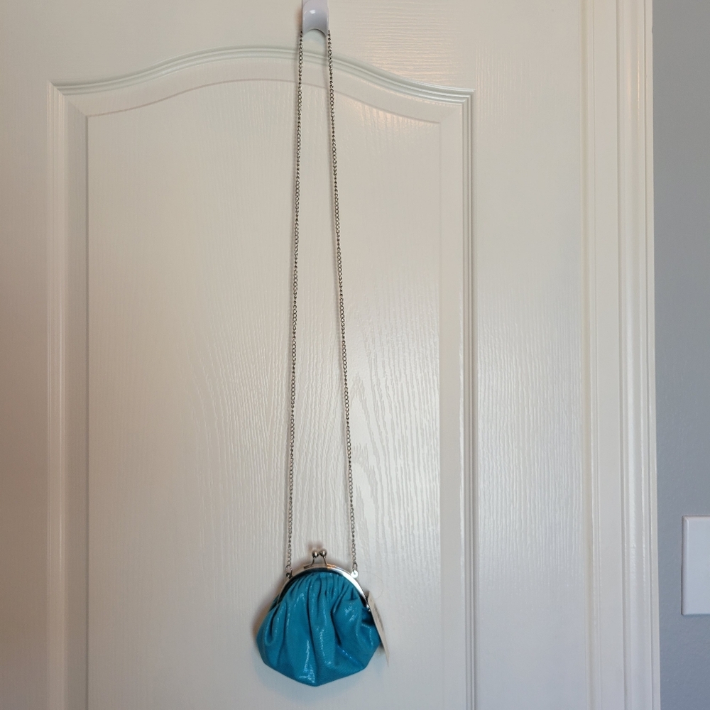 Chico's Elegant NWT Turquoise Blue With Silver Chain Clutch Bag Width 6" Height